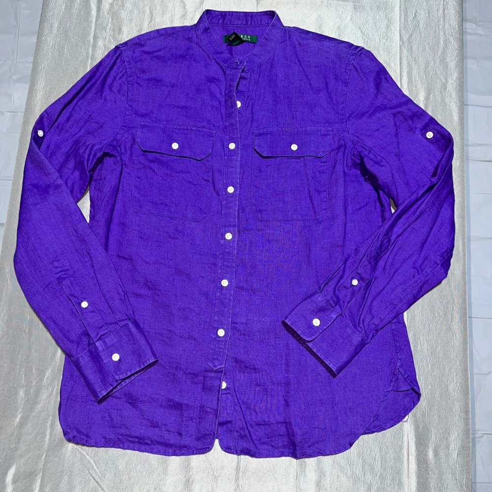 Lauren Ralph Lauren Purple 100% Linen Band Collar Roll Tab Sleeve Shirt Medium